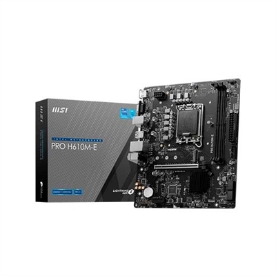 Msi 911-7D48-019 MSI PRO H610M-E. Fabricante de procesador: Intel, Socket de procesador: LGA 1700, Procesador compatible: Intel® Celeron®, Intel® Core™ i3, Intel® Core™ i5, Intel® Core™ i7, Intel® Core™ i9,.... tipos de memoria compatibles: DDR5-SDRAM, Memoria interna máxima: 96 GB, Tipo de ranuras de memoria: DIMM. Interfaces de disco de almacenamiento soportados: M.2, SATA III, Tipos de unidades de almacenamiento admitidas: HDD & SSD, Niveles RAID: 0, 1, 5, 10. Tipo de interfaz ethernet: 2.5 Gigabit Ethernet. Componente para: PC, Factor de forma: micro ATX, Familia del chipset: Intel