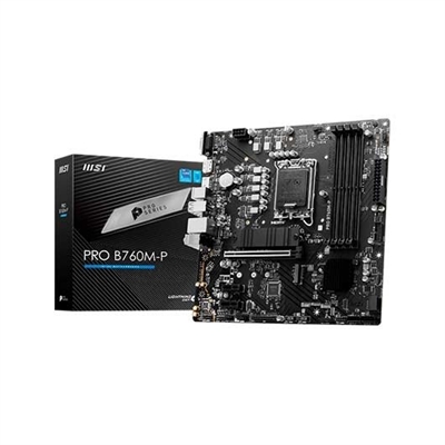 Msi 911-7E02-009 MSI PRO B760M-P DDR5. Fabricante de procesador: Intel, Socket de procesador: LGA 1700, Procesador compatible: Intel® Celeron®, Intel® Pentium® Gold. tipos de memoria compatibles: DDR5-SDRAM, Memoria interna máxima: 128 GB, Canales de memoria: Doble canal. Interfaces de disco de almacenamiento soportados: SATA III, Niveles RAID: 0, 1, 5, 10. Tipo de interfaz ethernet: Gigabit Ethernet, Controlador LAN: Realtek RTL8111H. Componente para: PC, Factor de forma: micro ATX, Familia del chipset: Intel