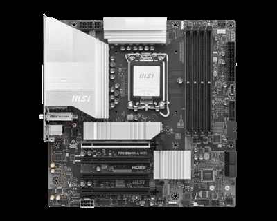 Msi 911-7E42-002 MSI PRO B860M-A WIFI. Fabricante de procesador: Intel, Socket de procesador: LGA 1851 (Socket V1), Procesador compatible: Intel Core Ultra (Series 2). tipos de memoria compatibles: DDR5-SDRAM, Memoria interna máxima: 256 GB, Tipo de ranuras de memoria: DIMM. Interfaces de disco de almacenamiento soportados: M.2, Micro SATA III, Tipos de unidades de almacenamiento admitidas: HDD & SSD, Niveles RAID: 0, 1, 5, 10. Tipo de interfaz ethernet: 5 Gigabit Ethernet, Estándar Wi-Fi: Wi-Fi 7 (802.11be), Wi-Fi estándares: 802.11a, 802.11b, 802.11g, Wi-Fi 4 (802.11n), Wi-Fi 5 (802.11ac), Wi-Fi 6 (802.11ax), Wi-Fi 6E.... Componente para: PC, Factor de forma: micro ATX, Familia del chipset: AMD