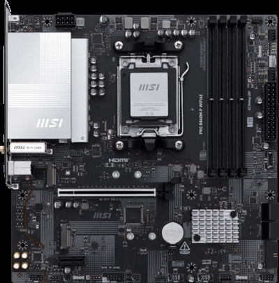 Msi 911-7E77-002 MSI PRO B840M-P WIFI6E. Fabricante de procesador: AMD, Socket de procesador: Zócalo AM5, Procesador compatible: AMD Ryzen 7000 Series, AMD Ryzen 8000 Series, AMD Ryzen 9000 Series. tipos de memoria compatibles: DDR5-SDRAM, Memoria interna máxima: 256 GB, Tipo de ranuras de memoria: DIMM. Interfaces de disco de almacenamiento soportados: M.2, Micro SATA III, Tipos de unidades de almacenamiento admitidas: HDD & SSD, Niveles RAID: 0, 1, 10. Tipo de interfaz ethernet: 2.5 Gigabit Ethernet, Controlador LAN: Realtek RTL8125D, Estándar Wi-Fi: Wi-Fi 6E (802.11ax). Componente para: PC, Factor de forma: micro ATX, Familia del chipset: AMD