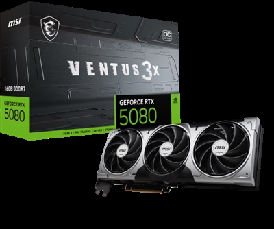 Msi 912-V531-264 MSI VENTUS GeForce RTX5080 16G 3X OC. Familia de procesadores de gráficos: NVIDIA, Procesador gráfico: GeForce RTX 5080. Capacidad memoria de adaptador gráfico: 16 GB, Tipo de memoria de adaptador gráfico: GDDR7, Ancho de datos: 256 bit. Máxima resolución: 7680 x 4320 Pixeles. Versión DirectX: 12 Ultimate, Versión OpenGL: 4.6. Tipo de interfaz: PCI Express x16 5.0. Tipo de enfriamiento: Activo, Número de ventiladores: 3 Ventilador(es)