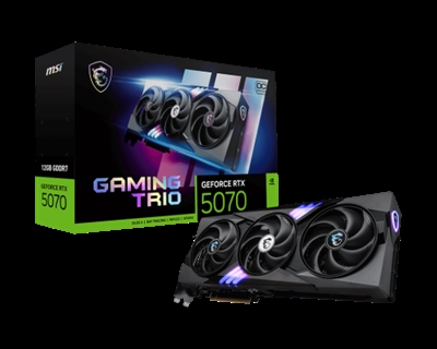 Msi 912-V532-029 MSI GAMING GeForce RTX 5070 12G TRIO OC. Familia de procesadores de gráficos: NVIDIA, Procesador gráfico: GeForce RTX 5070. Capacidad memoria de adaptador gráfico: 12 GB, Tipo de memoria de adaptador gráfico: GDDR7, Ancho de datos: 192 bit. Máxima resolución: 7680 x 4320 Pixeles. Versión DirectX: 12 Ultimate, Versión OpenGL: 4.6. Tipo de interfaz: PCI Express x16 5.0. Tipo de enfriamiento: Activo, Número de ventiladores: 3 Ventilador(es)