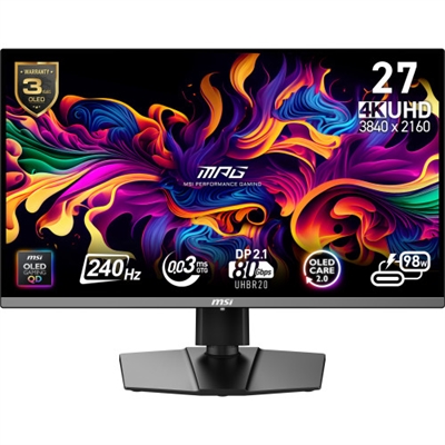 Msi 9S6-3CD79A-015 MSI MPG 272URX QD-OLED. Diagonal de la pantalla: 67,3 cm (26.5), Resolución de la pantalla: 3840 x 2160 Pixeles, Tipo HD: 4K Ultra HD, Tecnología de visualización: QD-OLED, Tiempo de respuesta: 0,03 ms, Relación de aspecto nativa: 16:9, Ángulo de visión, horizontal: 178°, Ángulo de visión, vertical: 178°. Conector USB incorporado, Versión de conector USB: 2.0. montaje VESA, Ajustes de altura. Color del producto: Negro