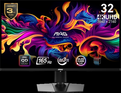 Msi 9S6-3DD39T-012 MSI MAG 321UP QD-OLED. Diagonal de la pantalla: 80 cm (31.5), Resolución de la pantalla: 3840 x 2160 Pixeles, Tipo HD: 4K Ultra HD, Tecnología de visualización: QD-OLED, Tiempo de respuesta: 1 ms, Relación de aspecto nativa: 16:9, Ángulo de visión, horizontal: 178°, Ángulo de visión, vertical: 178°. montaje VESA, Ajustes de altura. Color del producto: Negro