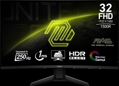 Msi 9S6-3DD41M-010 MSI MAG 32C6X. Diagonal de la pantalla: 80 cm (31.5), Resolución de la pantalla: 1920 x 1080 Pixeles, Tipo HD: Full HD, Tiempo de respuesta: 1 ms, Relación de aspecto nativa: 16:9, Ángulo de visión, horizontal: 178°, Ángulo de visión, vertical: 178°. montaje VESA. Color del producto: Negro