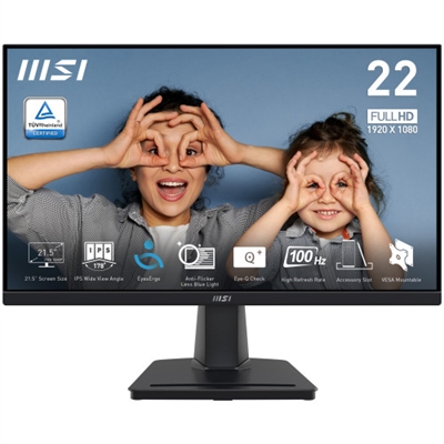 Msi 9S6-3PC6CM-012 MSI PRO MP225. Diagonal de la pantalla: 54,6 cm (21.5), Resolución de la pantalla: 1920 x 1080 Pixeles, Tipo HD: Full HD, Tecnología de visualización: LED, Tiempo de respuesta: 4 ms, Relación de aspecto nativa: 16:9, Ángulo de visión, horizontal: 178°, Ángulo de visión, vertical: 178°. Montaje VESA. Color del producto: Negro.