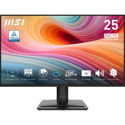 Msi 9S6-3PD2CM-009 MSI PRO MP251 E2. Diagonal de la pantalla: 62,2 cm (24.5), Resolución de la pantalla: 1920 x 1080 Pixeles, Tipo HD: Full HD, Tecnología de visualización: LED, Tiempo de respuesta: 4 ms, Relación de aspecto nativa: 16:9, Ángulo de visión, horizontal: 178°, Ángulo de visión, vertical: 178°. Altavoces incorporados. montaje VESA. Color del producto: Negro