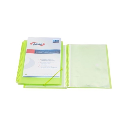 Pardo 844004 Carpeta De Fundas Espiral Tamaño Folio Fabricada En Polipropileno Color Verde. Portada Personalizable. Contiene 40 Fundas Interiores Extra Cristal 90 Micras. Con Sobre Interior.