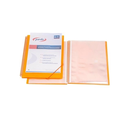 Pardo 844009 Carpeta De Fundas Espiral Tamaño Folio Fabricada En Polipropileno Color Naranja. Portada Personalizable. Contiene 40 Fundas Interiores Extra Cristal 90 Micras. Con Sobre Interior.