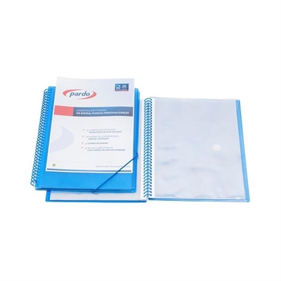Pardo 846003 Carpeta De Fundas Espiral Tamaño Folio Fabricada En Polipropileno Color Azul. Portada Personalizable. Contiene 60 Fundas Interiores Extra Cristal 90 Micras. Con Sobre Interior.