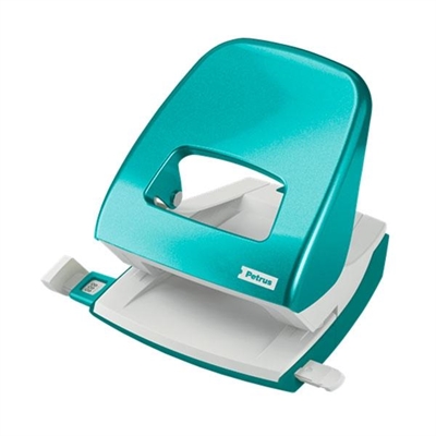 Petrus 624327 Taladro De Oficina Metalico De Color Turquesa. Zona De Sujecion Patentada. Tiene 2 Punzones Con Diametro De 55 Mm Y Su Capacidad De Perforacion Es De 30 Hojas. Incorpora Una Regleta De Guia.
