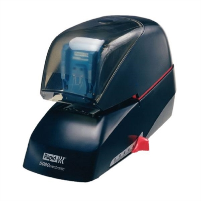 Rapid 20993410 Grapadora Electrica De Grapado Plano Metalica Con Carcasa De Plastico De Color Negro. Funcionamiento Silencioso. Es Compatible Con Casette Grapas 5080E. Profundidad Ajustable Hasta 50 Mm. Permite Grapar 5000 Veces Sin Recargar Y Tiene Indicador De Final De Carga. Su Capacidad Es De Hasta 80 Hojas. Funciona Con Adaptador A Corriente. Incluye Casette 5000 Grapas.