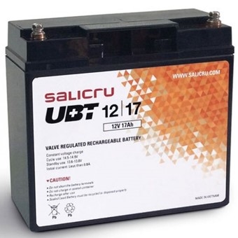 Salicru 013BS000004 Las baterías de la serie UBT de Salicru son acumuladores de energía altamente potentes y compactos, basados en sistemas recargables de plomo-dióxido de plomo, y son especialmente óptimos para las aplicaciones de Sistemas de Alimentacion Ininterrumpida SAI/UPS y otros sistemas de seguridad que requieren de un back-up de energía fiable y de calidad. La gama de baterías UBT de Salicru incluye los modelos de 4,5 Ah, 7 Ah, 9 Ah, 12 Ah y 17 Ah, todos a 12 V. El electrolito de ácido sulfúrico se encuentra absorbido por los separadores y placas. Y éstas a su vez inmovilizadas. Están diseñados utilizando la tecnología de recombinación de gas que elimina la necesidad para la adición regular de agua mediante el control de la evolución de hidrógeno y oxígeno durante la carga. La batería está completamente sellada y hermética y por lo tanto es libre de mantenimiento, permitiendo ser utilizada en cualquier posición. En el caso que accidentalmente la batería sea sobrecargada produciendo hidrógeno y oxígeno, unas válvulas especiales unidireccionales permiten que los gases salgan al exterior evitando la sobrepresión en su interior.