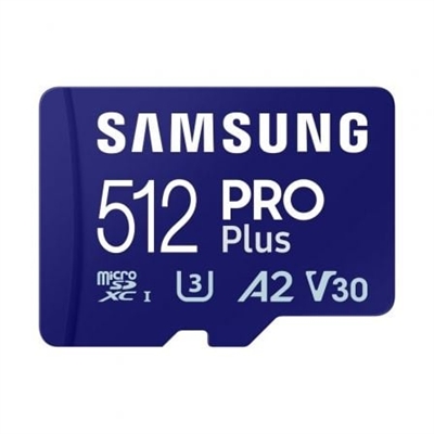 Samsung MB-MD512SA/EU Samsung PRO PlusMB-MD512SA - Tarjeta de memoria flash (adaptador microSDXC a SD Incluido) - 512GB - A2 / Video Class V30 / UHS-I U3 - microSDXC UHS-I - azul
