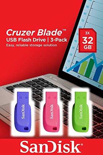 Sandisk SDCZ50C-032G-B46T SanDisk Cruzer Blade - Unidad flash USB - 32 GB - USB 2.0 - azul, verde, rosa (paquete de 3)