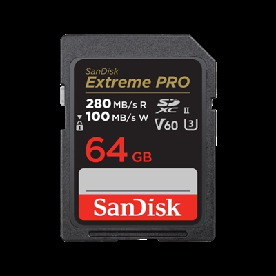 Sandisk SDSDXEP-064G-GN4IN SanDisk SDSDXEP-064G-GN4IN. Capacidad: 64 GB, Tipo de tarjeta flash: SDXC, Clase de memoria flash: Clase 10, Tipo de memoria interna: UHS-II, Velocidad de lectura: 280 MB/s, Velocidad de escritura: 100 MB/s, Clase de velocidad UHS: Class 3 (U3), Clase de velocidad de vídeo: V60. Color del producto: Negro