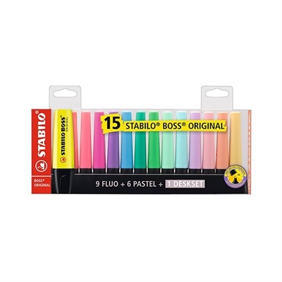 Stabilo 05/01/7015 Marcador Fluorescente De Tinta De Base De Agua Con Punta Biselada En 2 Grosores De Trazo: 2 Mm Y 5 Mm. Cuerpo Fabricado En Plastico. Set 15 Unidades Colores Surtidos 9 Fluor Y 6 Pastel.