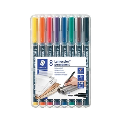 Staedtler 317 WP8 Marcador Permanente Para Transparencias Y Cd S Con Tinta Antisecado De Base De Alcohol Punta Media Y Trazo De 09 Mm. Cuerpo Fabricado En Plastico Negro. Estuche De 8 Unidades Colores Surtidos.