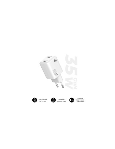 Subblim SUBCHG-6G3520 SUBBLIM presenta su cargador GaN de 35 W con doble puerto USB-C, pensado para quienes necesitan alimentar dos dispositivos USB-C al mismo tiempo sin sacrificar velocidad ni espacio. Gracias al nitruro de galio, cada puerto entrega hasta 35 W con Power Delivery 3.0 y PPS (5 V 3 A, 9 V 3 A, 12 V 2,92 A, 15 V 2,33 A, 20 V 1,75 A). Si conectas dos equipos a la vez, el cargador reparte de forma inteligente los 35 W totales (por ejemplo, 20 W para la tablet y 15 W para el m vil), manteniendo una temperatura estable gracias a su alta eficiencia térmica. Potencia real para port tiles ligeros y tablets exigentes: -MacBook Air 13 (M3/M2/M1) y Surface Go: 50 de carga en una hora. -iPad Pro 12,9 /11 , iPad Air 6/5 y Galaxy Tab S9/S8/S7: 50 en unos 35 minutos. -Pixel Tablet, Xiaomi Pad 6/5, Lenovo Tab P12 y Chromebooks USB-C: carga r pida sostenida para trabajar, jugar o dibujar sin interrupciones. -Smartphones: iPhone 16 12, Galaxy S24 S8, Google Pixel 9 7, Xiaomi 14/13T/13 y OnePlus 12/11 aprovechan al m ximo la carga PD/PPS de hasta 30 W. Dise o ultra compacto y seguro. Sus dimensiones de 80,6 35,6 35 mm lo hacen un 40 m s peque o que los cargadores de silicio equivalentes. La carcasa de policarbonato ign fugo V0 disipa mejor el calor y resiste golpes, mientras que el chipset integrado protege contra sobrecorriente, sobretensión, sobrecalentamiento y cortocircuitos. El rango de entrada 100 240 V permite usarlo en cualquier pa s con un simple adaptador de enchufe.Certificaciones y sostenibilidad. Homologado por Intertek con certificaciones CE, CB, RoHS y ERP, y marcado WEEE para un reciclaje responsable al final de su vida ºtil.Con su combinaci n de potencia, portabilidad y protecci n avanzada, el cargador SUBBLIM GaN 35 W de doble USB-C es el compa ero perfecto para tu MacBook Air, tu iPad Pro y tu smartphone de ºltima generaci n, ya sea en la oficina, en casa o de viaje.