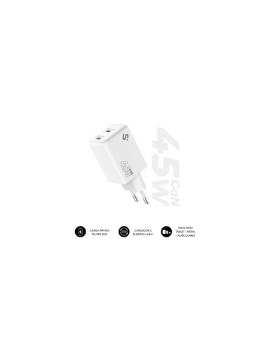 Subblim SUBCHG-6G4520 SUBBLIM lanza su cargador GaN de 45 W con doble puerto USB-C, especialmente concebido para quienes quieren alimentar un port til ligero y, al mismo tiempo, su tablet o smartphone con la m xima velocidad. Cada puerto ofrece hasta 45 W con Power Delivery 3.0 y PPS (5 V 3 A, 9 V 3 A, 12 V 3 A, 15 V 3 A, 20 V 2,25 A). Si usas los dos puertos simult neamente, el cargador reparte 25 W 20 W (45 W totales din micos), perfecto, por ejemplo, para un MacBook Air y un iPhone 16 a la vez. Potencia pensada para equipos exigentes: -Port tiles ligeros: MacBook Air 13 (M3/M2/M1), Surface Laptop Go, Surface Go, Chromebooks USB-C y ultrabooks compatibles con 45 W PD. -Tablets: iPad Pro (M4-M1), iPad Air 6/5, Galaxy Tab S9/S8/S7, Pixel Tablet, Xiaomi Pad 6/5, Lenovo Tab P12, Steam Deck y ROG Ally (PD 45 W nativo). -Smartphones: Samsung Galaxy S25/S24/S23 Ultra (Super-Fast 2.0, 45 W PPS), iPhone 16 12, Google Pixel 9 7, Xiaomi 14/13T/13, OnePlus 12/11, y cualquier dispositivo USB-C PD/PPS de hasta 45 W. -Accesorios: powerbanks, auriculares, altavoces Bluetooth y otros dispositivos USB-C. Dise o ultracompacto y seguro: Con unas dimensiones de 83 36 35 mm, el cargador es un 40 m s peque o que los modelos de silicio convencionales. Fabricado con nitruro de galio (GaN), su carcasa de policarbonato ign fugo V0 disipa el calor de forma eficiente y protege frente a golpes. El rango de entrada universal de 100 240 V lo hace ideal para viajar por todo el mundo con solo un adaptador de enchufe. El chipset inteligente integrado proporciona seguridad frente a: -Sobrecorriente -Sobretensi n -Sobrecalentamiento -Picos de tensi n -Cortocircuitos -Incluye certificaciones CE, CB, RoHS y ERP emitidas por Intertek, y lleva el marcado WEEE para facilitar su reciclaje responsable. Con su combinaci n de potencia de 45 W, doble puerto inteligente y formato de bolsillo, el cargador SUBBLIM GaN 45 W es la soluci n definitiva para mantener tu MacBook Air, iPad Pro y smartphone de gama alta siempre listos, est s donde est s.1