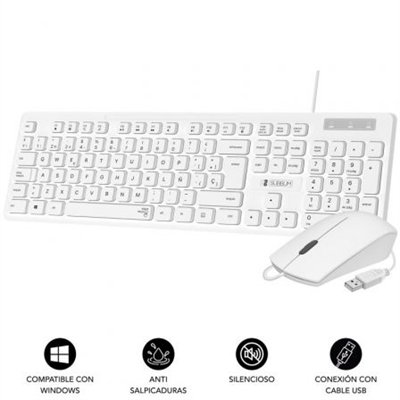 Subblim SUBKBC-CSSK02 La combinación de Teclado y ratón Combo Business Slim Silencioso con cable USB, te proporciona una precisa y confortable escritura gracias a su ergonomía en las teclas planas de bajo perfil y la forma del ratón contorneada. Resulta una combinación para conseguir una mayor productividad creando un espacio de trabajo ideal. Todo ello sin ruidos incómodos gracias a la tecnología SilentKeys utilizada en las teclas y los botones. Teclas planas contorneadas y de perfil bajo para una cómoda escritura. Tecnología de membrana pensada para obtener la máximaeficiencia en cada pulsación además de gran estabilidad y precisión. Resistente a los derrames o vertidos de líquidos y a prueba de salpicaduras, con lo que no tienes que preocuparse por arruinar tu inversión de forma accidental. Conecta el teclado y el ratón a los puertos USB de tu ordenador y comienza a utilizarlos inmediatamente sin controladores o descargas adicionales.Teclado de diseño delgado y elegante con solo 23mm de grosor con soportes de inclinación ajustables que hace más agradable un uso continuado. Incorpora teclado numérico para introducir datos más fácilmente en hojas de cálculo o programas de contabilidad y finanzas. Ratón ergonómico, compacto, elegante y con funcionamiento de los botones silencioso. Diseñado para adaptarse cómodamente a la mano izquierda o derecha con una máxima precisión de hasta 1200 DPI. Conecta el teclado y el ratón a los puertos USB de tu ordenador y comienza a utilizarlos inmediatamente sin controladores o descargas adicionales.