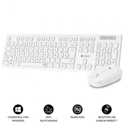 Subblim SUBKBC-CSSW11 La combinación de Teclado y ratón Combo Business Slim Silencioso Inalámbrico 2.4G, te proporciona una precisa y confortable escritura gracias a su ergonomía en las teclas planas de bajo perfil y la forma del ratón contorneada. Resulta una combinación perfecta para conseguir una mayor productividad creando un espacio de trabajo ideal sin cables, lo que te proporciona una mayor libertad y orden. Todo ello sin ruidos incómodos gracias a la tecnología Silent Keys utilizada en las teclas y los botones.Teclas PlanasTeclas planas contorneadas y de perfil bajo para una cómoda escritura. Tecnología de membrana pensada para obtener la máxima eficiencia en cada pulsación además de gran estabilidad y precisión.Resistente a salpicadurasResistente a los derrames o vertidos de líquidos y a prueba de salpicaduras, con lo que no tienes que preocuparse por arruinar tu inversión de forma accidental.Diseño delgado y completoTeclado de diseño delgado y elegante con solo 23mm de grosor con soportes de inclinación ajustables que hace más agradable un uso continuado. Incorpora teclado numérico para introducir datos más fácilmente en hojas de cálculo o programas de contabilidad y finanzas.MERGE(TM) TechnologyConecta el teclado y el ratón con un sólo receptor USB Subblim MERGE, que además ofrece una avanzada tecnología inalámbrica de 2,4 Ghz hasta una distancia de 10 metros sin retrasos ni interrupciones.Ratón Inalámbrico ErgonómicoRatón inalámbrico con una alta precisión de hasta 1200DPI. Su forma contorneada se adapta a la palma de tu mano consiguiendo una ergonomía de trabajo perfecta. Sus botones con la tecnología Silent Click no te desconcentrarán de tus tareas y además no molestarán a los de tu entorno.