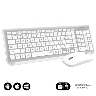 Subblim SUBKBC-DCEP10 Crea un espacio minimalista, moderno y silencioso con la compacta combinación con tecnología inalámbrica Bluetooth y además por radio frecuencia 2.4G. El Combo Multidispositivo de Subblim, compuesto de un teclado extendido y un ratón de diseño avanzado de alta precisión de hasta 1600DPI, son perfectos para hacer las tareas con eficacia y permite una productividad constante.El tamaño de la combinación facilita el trabajo en los espacios de escritorio más reducidos y resulta la pareja perfecta para usarlos cuando estás de viaje o en reuniones de trabajo.Triple conexión. El Combo de Subblim es ideal si deseas disfrutar de la libertad de trabajar con varios dispositivos a la vez. Su funcionalidad de emparejamiento triple le permite conectar hasta tres dispositivos al teclado, dos mediante tecnología inalámbrica Bluetooth y otro mediante radio frecuencia 2.4G. Podrás conectar de forma simultánea el Ordenador portátil, el teléfono móvil y la Tablet cambiando entre ellos de una forma muy sencilla.Práctico Control. Con doce teclas de funciones multimedia*, tendrás accesos directos a tus funciones favoritas al alcance de tu mano. Cambia fácilmente entre las funciones más utilizadas para cada sistema operativo, ya sea a tu PC con Windows, iPhone o dispositivo Android. Tendrás acceso rápido a los controles del dispositivo para iOS y Android, como el botón de inicio, activar la función de búsqueda, tomar instantáneas, controlar tus medios o bloquear tu dispositivo. *La compatibilidad de las teclas de función varía según el sistema operativoDiseño ergonómico y silencioso. El mecanismo de tijera de las teclas hace que escribir sea cómodo y muy receptivo. El ángulo del teclado proporciona soporte para la muñeca para un trabajo sin dolor durante largos períodos de tiempo. El mouse silencioso y su clic muy suave garantizan un ambiente tranquilo y sereno.Estilo elegante y compacto con sección numérica. Las teclas son planas y elegantes (estilo Mac). Con una sección numérica integrada puedes introducir datos elevando tu productividad. Este diseño ahorra espacio en su escritorio. El mouse, con su línea elegante y acabado plano, agrega un toque de elegancia a su escritorio.Ratón. El elegante ratón inalámbrico con batería de litio recargable de alta duración, tiene 3 niveles de DPI ajustables (800/1200/1600), para que pueda elegir la velocidad correcta del puntero en función de sus actividades como por ejemplo trabajo, juegos o uso en una pantalla de TV.