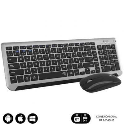 Subblim SUBKBC-DCEP20 Crea un espacio minimalista, moderno y silencioso con la compacta combinación con tecnología inalámbrica Bluetooth y además por radio frecuencia 2.4G. El Combo Multidispositivo de Subblim, compuesto de un teclado extendido y un ratón de diseño avanzado de alta precisión de hasta 1600DPI, son perfectos para hacer las tareas con eficacia y permite una productividad constante.El tamaño de la combinación facilita el trabajo en los espacios de escritorio más reducidos y resulta la pareja perfecta para usarlos cuando estás de viaje o en reuniones de trabajo.Triple conexión. El Combo de Subblim es ideal si deseas disfrutar de la libertad de trabajar con varios dispositivos a la vez. Su funcionalidad de emparejamiento triple le permite conectar hasta tres dispositivos al teclado, dos mediante tecnología inalámbrica Bluetooth y otro mediante radio frecuencia 2.4G. Podrás conectar de forma simultánea el Ordenador portátil, el teléfono móvil y la Tablet cambiando entre ellos de una forma muy sencilla.Práctico Control. Con doce teclas de funciones multimedia*, tendrás accesos directos a tus funciones favoritas al alcance de tu mano. Cambia fácilmente entre las funciones más utilizadas para cada sistema operativo, ya sea a tu PC con Windows, iPhone o dispositivo Android. Tendrás acceso rápido a los controles del dispositivo para iOS y Android, como el botón de inicio, activar la función de búsqueda, tomar instantáneas, controlar tus medios o bloquear tu dispositivo. *La compatibilidad de las teclas de función varía según el sistema operativoDiseño ergonómico y silencioso. El mecanismo de tijera de las teclas hace que escribir sea cómodo y muy receptivo. El ángulo del teclado proporciona soporte para la muñeca para un trabajo sin dolor durante largos períodos de tiempo. El mouse silencioso y su clic muy suave garantizan un ambiente tranquilo y sereno.Estilo elegante y compacto con sección numérica. Las teclas son planas y elegantes (estilo Mac). Con una sección numérica integrada puedes introducir datos elevando tu productividad. Este diseño ahorra espacio en su escritorio. El mouse, con su línea elegante y acabado plano, agrega un toque de elegancia a su escritorio.Ratón. El elegante ratón inalámbrico con batería de litio recargable de alta duración, tiene 3 niveles de DPI ajustables (800/1200/1600), para que pueda elegir la velocidad correcta del puntero en función de sus actividades como por ejemplo trabajo, juegos o uso en una pantalla de TV.