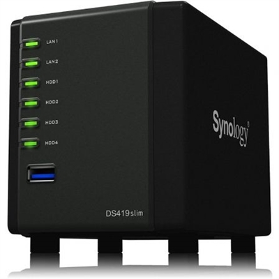 Synology DS419SLIM Synology Disk Station DS419slim - Servidor NAS - 4 compartimentos - SATA 6Gb/s - RAID 0, 1, 5, 6, 10, JBOD - RAM 512 MB - Gigabit Ethernet - iSCSI soporta