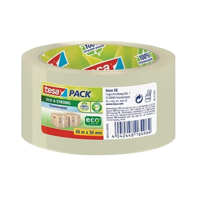 Tesa 58153-00000-01 Cinta De Embalaje De Polipropileno Ecologico Extrafuerte Color Transparente. Fabricado Con Productos De Plastico Reciclado 100% Y Mandril 100% Carti¿½N Reciclado. Adecuado Para Todos Los Dispensadores Tesapacki¿½. Resistente A Los Rayos Uv. Bajo Ruido. Medidas 50 Mm X 66 M.