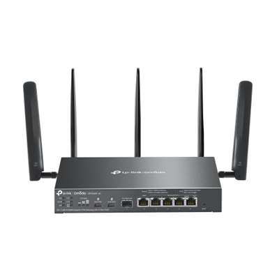 Tp-Link ER706WP-4G TP-Link ER706WP-4G. Tipo de conexión WAN: RJ-45. Banda Wi-Fi: Doble banda (2,4 GHz / 5 GHz), Tasa de transferencia de datos WLAN (máx.): 300 Mbit/s, Modulación: OFDMA. Tipo de interfaz Ethernet LAN: Gigabit Ethernet, Ethernet LAN, velocidad de transferencia de datos: 10,100,1000 Mbit/s, Soporte VPN: IPsec VPN PPTP VPN L2TP VPN OpenVPN WireGuard VPN. Generación de red móvil: 4G, Admite bandas 4G: 800,850,900,1500,1700,1800,1900,2000,2300,2400,2500,2600,3400,3500,3600,3700 MHz, Tipo de tarjeta SIM: NanoSIM. Algoritmos de seguridad soportados: IPSec, SNMP, SNMPv2, SNMPv3, WPA, WPA2, WPA3-Personal, NAT, funcionalidad: DHCP, PPPoE, L2TP, PPTP