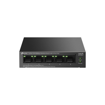 Tp-Link LS105LP TP-Link LiteWave LS105P. Tipo de interruptor: No administrado. Puertos tipo básico de conmutación RJ-45 Ethernet: Fast Ethernet (10/100), Cantidad de puertos básicos de conmutación RJ-45 Ethernet: 5. Tabla de direcciones MAC: 2000 entradas, Capacidad de conmutación: 1 Gbit/s. Estándares de red: IEEE 802.3af, IEEE 802.3i, IEEE 802.3u, IEEE 802.3x. Voltaje de entrada DC: 53.5 V. Energía sobre Ethernet (PoE). Montaje de pared