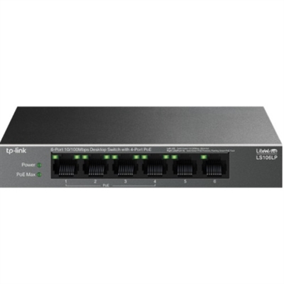 Tp-Link LS106LP Tp link switch de sobremesa Interfaz - 6 puertos RJ45 de 10/100 Mbps (4 puertos PoE 802.3af de 10/100 Mbps) - Negociación automática - MDI/MDIX AUTOMÁTICO ? Medios de red - 10BASE-T: cable UTP categoría 3, 4, 5 (máximo 100 m), EIA/TIA-568 100O STP (máximo 100 m) - 100BASE-TX: cable UTP categoría 5, 5e (máximo 100 m), EIA/TIA-568 100O STP (máximo 100 m) ? Cantidad de ventiladores: Sin ventilador ? Instalación - Escritorio - Montaje en pared ? Fuente de alimentación: Adaptador de corriente externo (Salida: 53,5 VCC/0,81 A) ? Puertos PoE (RJ45) - Estándar: compatible con 802.3 af - Puertos PoE: puertos 1 a 4, hasta 15,4 W de salida PoE por puerto - Fuente de alimentación: 41 W ? Indicador LED - Alimentación - Enlace/Act - Estado PoE - PoE MAX ? Dimensiones (Ancho x Fondo x Alto): 6,2×4,0×1,0 pulgadas (158×101×25 mm) ? Consumo máximo de energía - 2,53 W (220 V/50 Hz sin PD conectado) - 47,76 W (220 V/50 Hz con 41 W PD conectado) ? Disipación de calor máxima - 8,61 BTU/h (220 V/50 Hz sin PD conectado) - 162,38 BTU/h (220 V/50 Hz con 41 W PD conectado) ACTUACIÓN ? Capacidad de conmutación: 1.2 Gbps ? Tasa de reenvío de paquetes: 0,8928 megas por segundo ? Tabla de direcciones MAC: 2K ? Marco gigante2 KB FUNCIONES DE SOFTWARE ? Características avanzadas - Botón de modo extendido (puertos 1 a 4, fuente de alimentación PoE de hasta 250 m y transmisión de datos) - Botón de recuperación automática de PoE (puertos 1 a 4) - Compatible con PD compatibles con IEEE 802.3af - Aprendizaje automático y envejecimiento automático de direcciones Mac - Control de flujo IEEE 802.3x - Tecnología ecológica ? Método de transferencia: Almacenamiento y reenvio OTROS ? Certificación: CE, FCC, RoHS ? contenidos del paquete - LS106LP - Adaptador de corriente - Guía de instalación ? Ambiente - Temperatura de funcionamiento: 0?40 ? (32?104 ?) - Temperatura de almacenamiento: -40?70 ? (-40?158 ?) - Humedad de funcionamiento: 10?90% RH sin condensación - Humedad de almacenamiento: 5?90% HR sin condensación