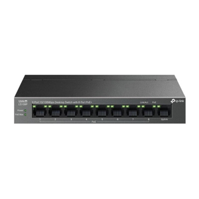 Tp-Link LS109P 63 W de potencia PoE. 8 puertos PoE+ Gigabit compatibles con 802.3af/at alimentan fácilmente dispositivos como cámaras IP, puntos de acceso y teléfonos IP a través de un único cable. Cada puerto PoE admite hasta 30 W de salida.*.. Hasta 250 m de transmisión PoE. Con el modo de extensión, la distancia de transmisión PoE alcanza hasta 250 m, ideal para el despliegue de cámaras de vigilancia en grandes áreas.**.. Recuperación automática PoE. Reinicia automáticamente los dispositivos alimentados por PoE que no respondan... Separación de tráfico. El modo de aislamiento permite separar el tráfico de clientes con un solo clic para evitar el snooping y tampering, además de aislar el broadcast storm... Plug and Play. Conectividad instantánea sin necesidad de configuración... Funcionamiento silencioso. El diseño sin ventilador reduce el consumo de energía y garantiza un funcionamiento silencioso, ideal para hogares o empresas... Hardware fiable. Carcasa metálica duradera y diseño para montaje en sobremesa o pared adaptado a distintos entornos... Especificaciones:.. CARACTERíSTICAS DE HARDWARE.. Interfaz:. - 9 Puertos RJ45 10/100 Mbps (8x 10/100 Mbps Puertos PoE+ 802.3af/at). - AUTO Negociación. - AUTO MDI/MDIX. Medios de Red:. - 10BASE-T: Cable UTP de categoría 3, 4, 5 (máximo 100 m); EIA/TIA-568 100? STP (máximo 100 m).. - 100BASE-TX: Cable UTP de categoría 5, 5e (máximo 100 m); EIA/TIA-568 100? STP (máximo 100 m).. Cantidad de VentiladoresSin ventilador. Instalación:. - Sobremesa. - Montaje en pared. Fuente de AlimentaciónAdaptador de corriente externo (salida: 53,5 V CC / 1,31 A). Puertos PoE (RJ45):. - Estándar: compatible con 802.3 af/at. - Puertos PoE: Puertos 1-8, hasta 30 W de salida PoE por puerto. - Fuente de alimentación: 63 W. Indicador de LED:. - Energía. - Enlace/Act. - Estado PoE. - PoE MAX. Dimensiones171x98x27 mm. Consumo de Potencia Máximo:. - 3,67 W (220 V/50 Hz sin PD conectada). - 73,24 W (220 V/50 Hz con DP de 63 W conectada). Disipación máxima de calor:. - 12,48 BTU/h (220 V/50 Hz sin PD conectada). - 249 BTU/h (220 V/50 Hz con DP de 63 W conectada).. RENDIMIENTO.. Capacidad de Conmutación1.8 Gbps. Tasa de Reenvío de Paquetes1.3392 Mpps. Tabla de Direcciones MAC2K. Jumbo Frame1.5 KB.. CARACTERíSTICAS DE SOFTWARE.. Características Avanzadas:. - Botón de modo de extensión (puertos 1-4/1-8, hasta 250 m de alimentación PoE y transmisión de datos). - Botón de modo de aislamiento (puertos 1-8). - Botón de recuperación automática PoE (Puertos 1-8). - Compatible con PD compatibles con IEEE 802.3af/at. - Autoaprendizaje y autoenvejecimiento de direcciones Mac. - Control de flujo IEEE 802.3x. - Tecnología ecológica. Método de TransferenciaStore and Forward.. OTROS.. CertificacionesCE, FCC, RoHS. Factores Ambientales:. - Temperatura de funcionamiento: 0-40 ? (32-104 ). - Temperatura de almacenamiento: -40-70 ? (-40-158 ). - Humedad de funcionamiento: 10-90% HR sin condensación.. - Humedad de almacenamiento: 5-90% HR sin condensación