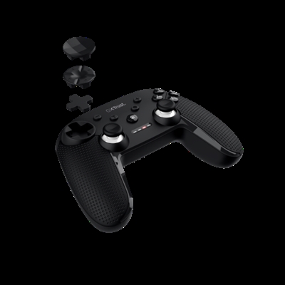 Trust 24790 Trust GXT 542 MUTA. Tipo de dispositivo: Palanca de mando, Plataformas de juego soportadas: Android, Nintendo Switch, PC, PC Tableta, iOS, Botones de función control para gaming: Cruceta, Teclas de flechas, Botón Seleccionar, Botón de arranque, Botón turbo. Tecnología de conectividad: Inalámbrico y alámbrico, Interfaz del dispositivo: Bluetooth/RF/USB, Conector USB: USB Tipo C. Color del producto: Negro, Material de la carcasa: Plástico reciclado, Longitud de cable: 3 m. Fuente de energía: Cable/Batería, Tipo de batería: Integrado. Sistema operativo Windows soportado: Windows 10, Windows 11, Sistema operativo MAC soportado: Mac OS X 10.15 Catalina, Mac OS X 11.0 Big Sur, Mac OS X 12.0 Monterey, Sistemas operativos móviles soportados: Android, iOS