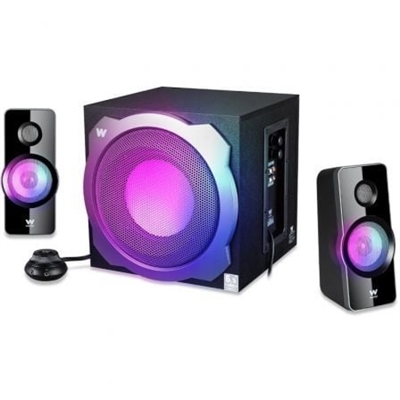 Woxter SO26-113 Transforma tu habitación con estos altavoces con LEDs integrados, ideales para crear un ambiente único y dinámico. Con varios modos de iluminación personalizables, puedes adaptar el color y la intensidad de las luces al ritmo de la música o según tu estado de ánimo. Perfectos para añadir un toque moderno y vibrante a tu espacio mientras disfrutas de un sonido de alta calidad. ¡Haz que cada momento en tu habitación sea especial con estos altavoces decorativos!En la nueva gama de altavoces Big Bass de Woxter, no podía faltar este sistema de altavoces 2.1 ideal para utilizarlo con PC multimedia y equipos de sonido estéreo.Los nuevos altavoces Big Bass 260 RGB, son la solución perfecta para los que desean disponer de toda la magia del sonido multimedia, el subwoofer aporta los matices más graves logrando una novedosa calidad de sonido en su equipo informático.Incorpora un potente amplificador de alta fidelidad dentro del altavoz super-bass. Este equipo puede utilizarse con cualquier dispositivo que tenga salida de señal de audio como un ordenador, un reproductor de VCD, CD, DVD, TV, equipos de audio-vídeo, etc... Además está sellado magnético, pudiendo situarse al lado de la pantalla del ordenador o la TV sin causar interferencias.Sistema de altavoces 2.1 con 150W y subwoofer Woxter Big Bass 260 RGB -Potencia: 150 W. -Incorpora conectividad Bluetooth, disfruta de tu música sin cables. -Leds incorporados con varios modos de iluminación -Control de volumen ergonómico con cable y doble conexión : Conexión auriculares. Entrada de audio. -Frecuencia de respuesta: Subwoofer 50 Hz- 130 Hz , Satélites: 160 Hz- 20Khz. -S/N > 65 dB. Separación > 35 dB. -Altavoces: 6.5''x1 (4 Ohms) +2 satélites 3'' (4 Ohms) -Medidas: Subwoofer 26x27x25 cm (ancho x alto x fondo) / satélite 10,5x21x9 cm (ancho x alto x fondo)