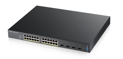 Zyxel XGS2210-28HP-EU0101F Zyxel XGS2210-28HP. Tipo de interruptor: Gestionado, Capa del interruptor: L2. Puertos tipo básico de conmutación RJ-45 Ethernet: Gigabit Ethernet (10/100/1000), Cantidad de puertos básicos de conmutación RJ-45 Ethernet: 24. Tabla de direcciones MAC: 16000 entradas, Capacidad de conmutación: 128 Gbit/s. Estándares de red: IEEE 802.1D,IEEE 802.1Q,IEEE 802.1ab,IEEE 802.1p,IEEE 802.1s,IEEE 802.1w,IEEE 802.1x,IEEE.... Energía sobre Ethernet (PoE). Montaje en rack, Factor de forma: 1U